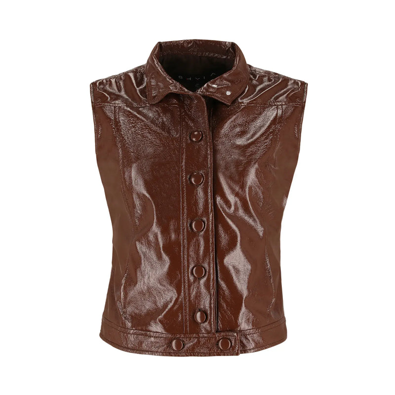 Chaleco de PU Negro Café Cuello Alto con Botones Forrados SHYLA