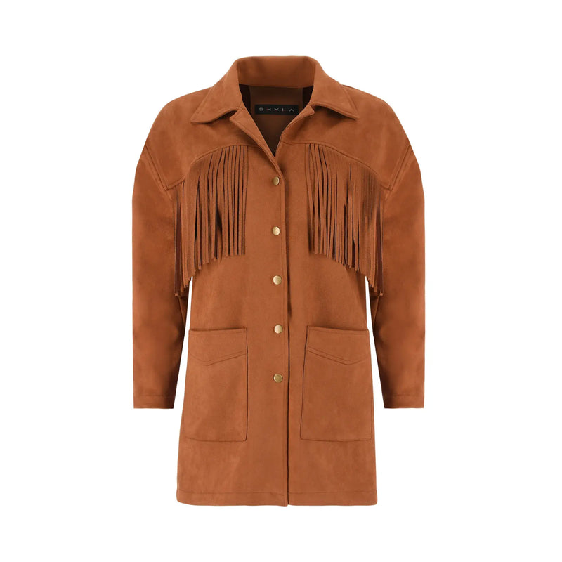 Chaqueta Camello con Fleco y Bolsa de Parche SHYLA